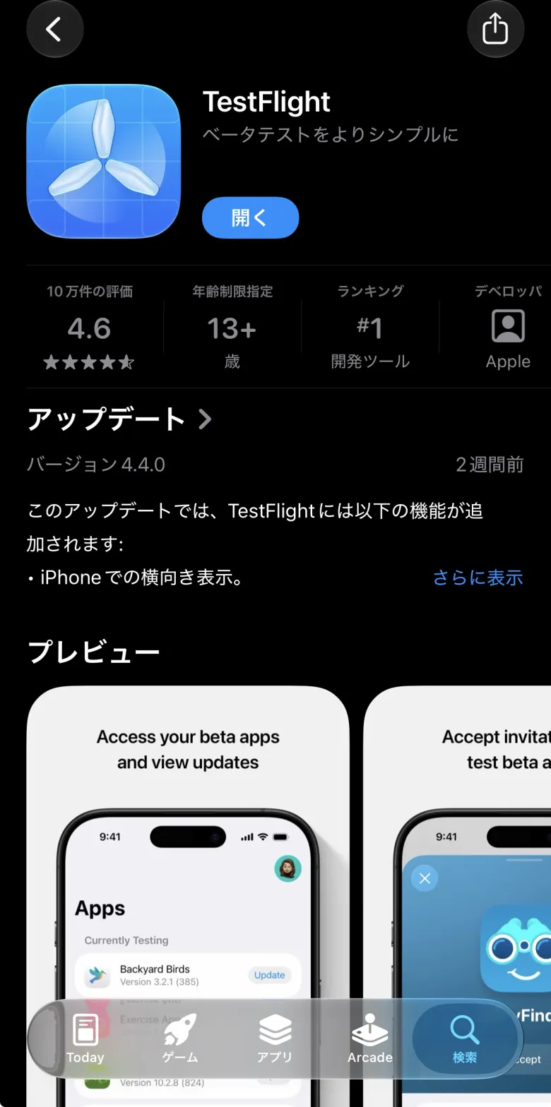 App Store の TestFlight のページ
